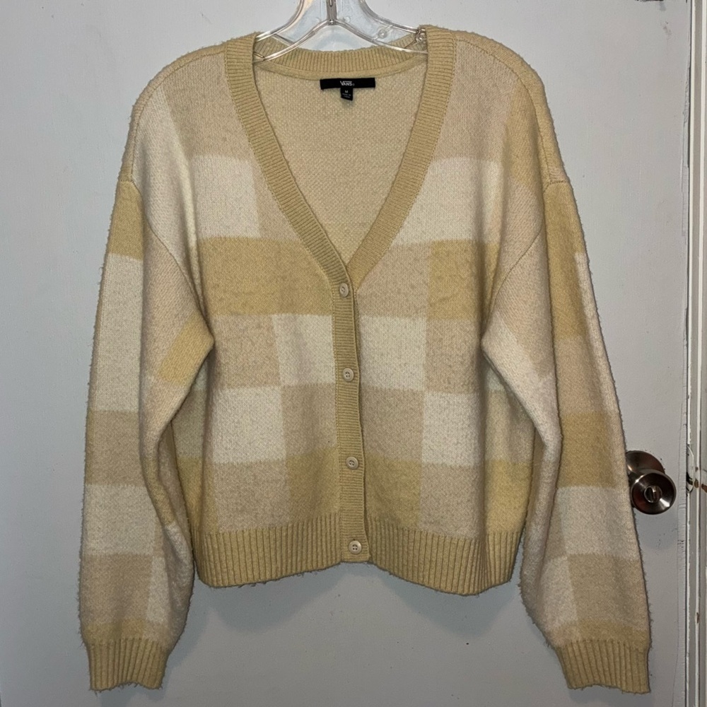 VANS Women's Winter Checkered Yellow & Cream Relaxed Cardigan | Size Medium